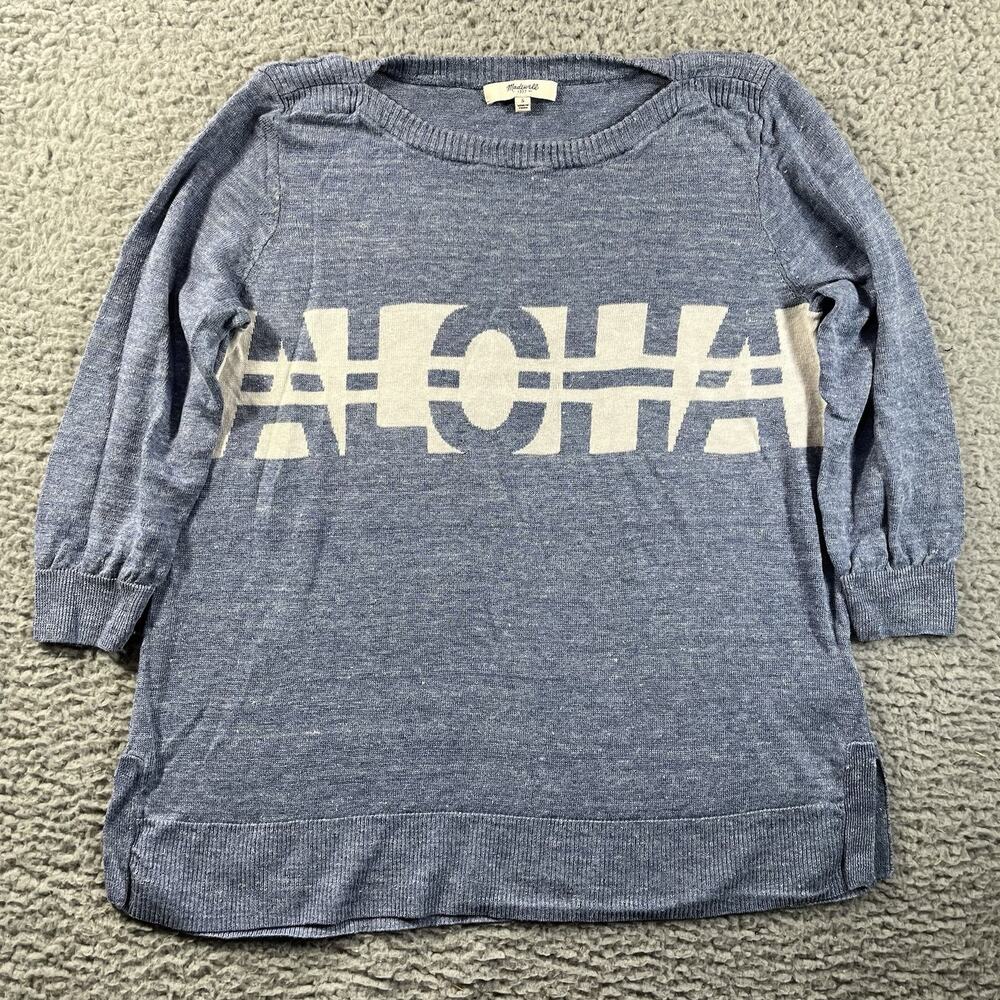 Madewell Aloha Sweater Small Blue 100% Linen Graphic Intarsia Knit Pullover Top